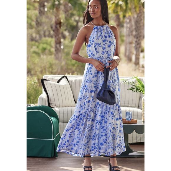 NWT Roller Rabbit Paloma Channing Blue Floral Silk Maxi Dress XS Boho Summer - Picture 1 of 14
